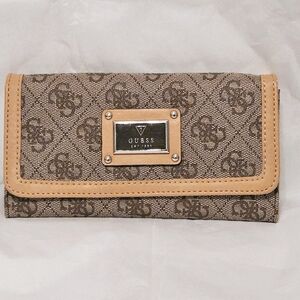 Guess Logo Wallet / Clutch - Brown & Tan with Silver Hardware NWOT